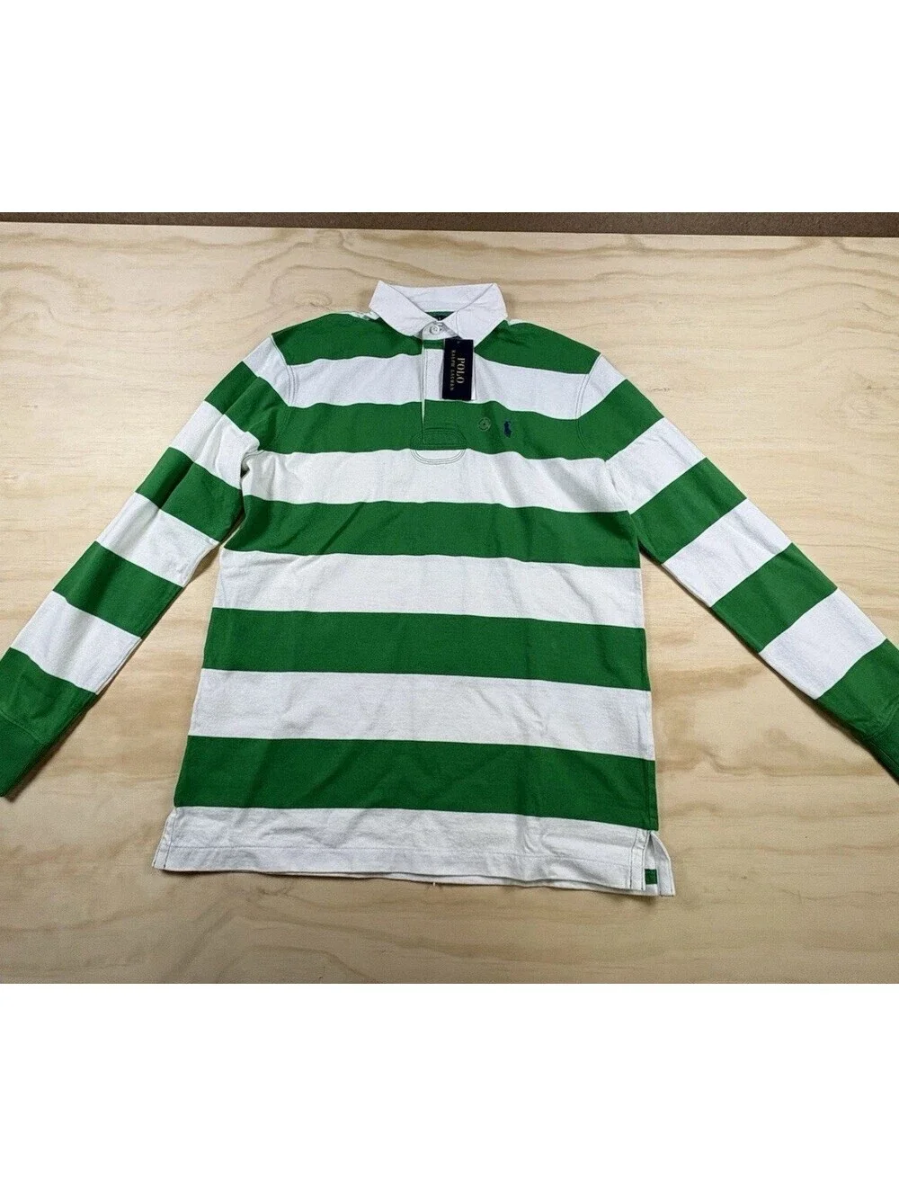 NWT Polo Ralph Lauren Rugby Shirt Men’s Medium Green White Stripe Classic Fit